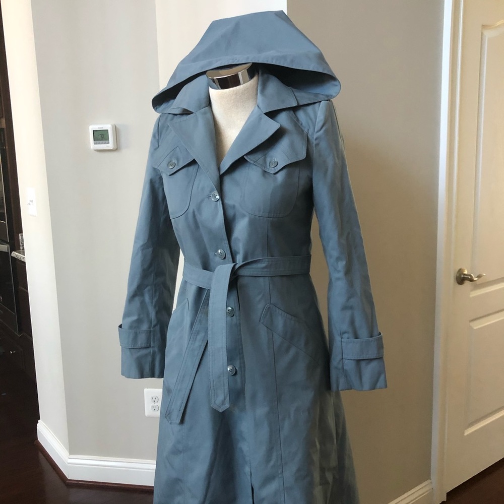 Vintage Duck Egg Blue Hooded Trench Coat View 3